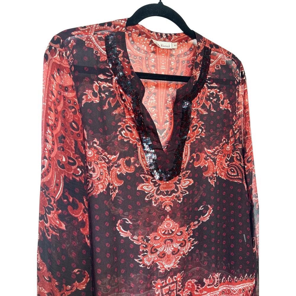 Stella Forest Sheer Damask Sequined Tunic Blouse Red‎ Black Size 42 US Size M
